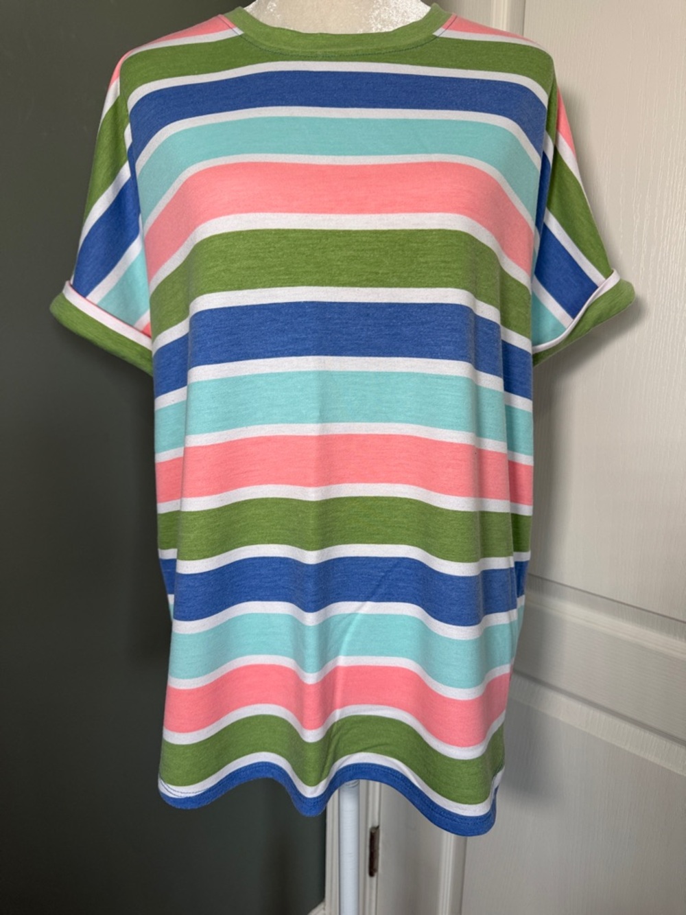 Crown & Ivy Striped Tee Multicolor Pastel Short Sleeve Casual Top L